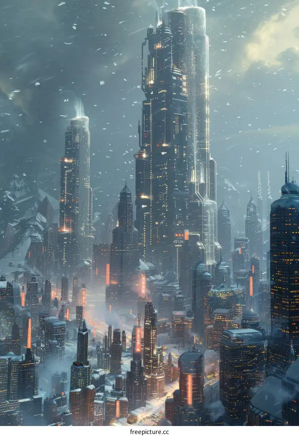 Futuristic Cityscape Under a Snowfall