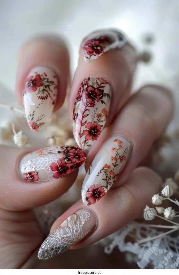 Close up of hand with floral nail art