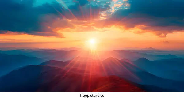 Mountain landscape with bright shining sun rays at sunset