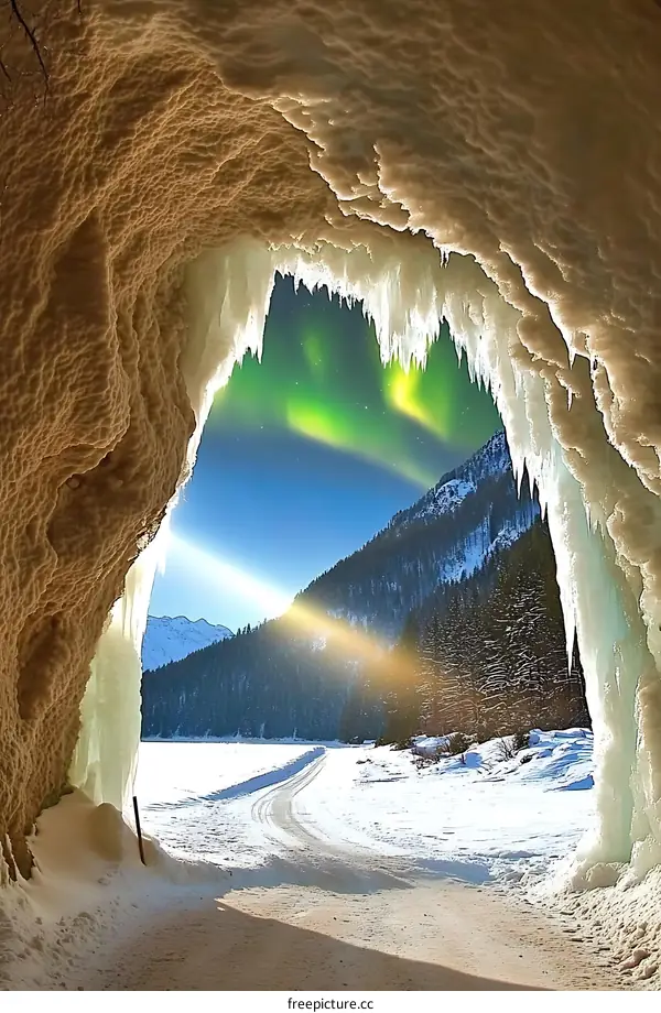 Aurora Borealis View Through Ice Cave In Winter