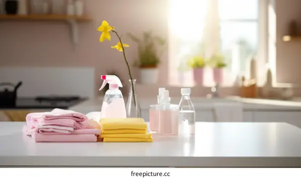 Cleaning products and flowers on a table