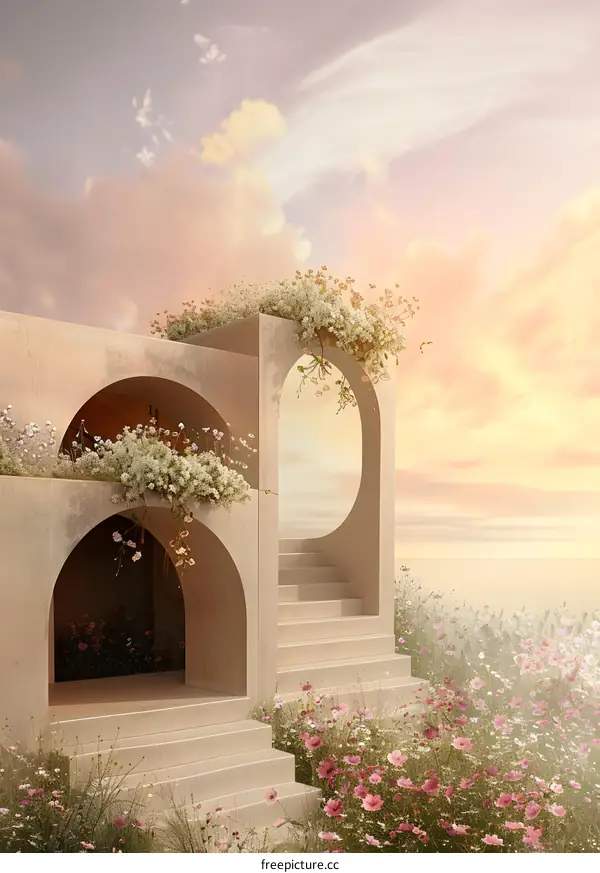 Abstract Architectural Design with Flowers and Arches in a Garden Setting