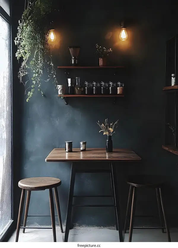 Minimalist Coffee Shop Interior Design with Wooden Table and Stools
