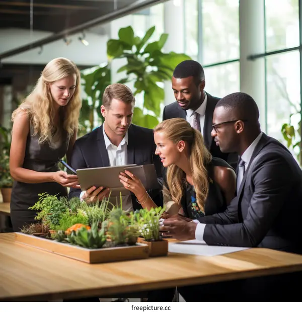 A group of people are looking at a tablet in an office.