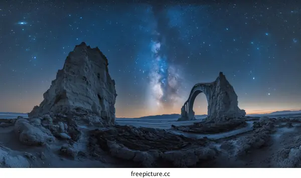 Night Sky Over Abandoned Bridge and Rocks
