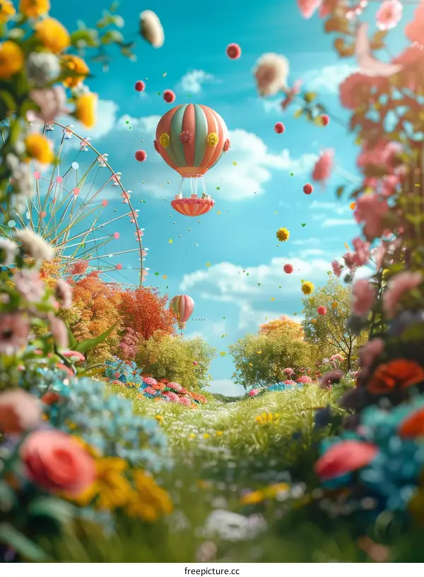 Hot Air Balloon Ride Over a Field of Flowers