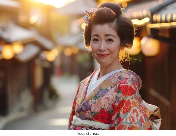 Portrait of a smiling woman in a kimono