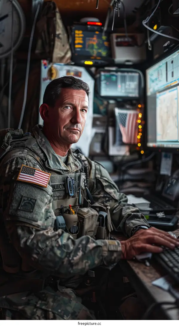 A soldier sits in a dark room and looks at a computer screen.