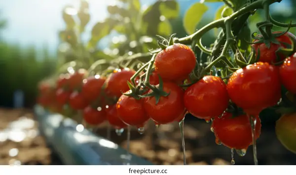 Close-up of ripe tomatoes growing in a greenhouse