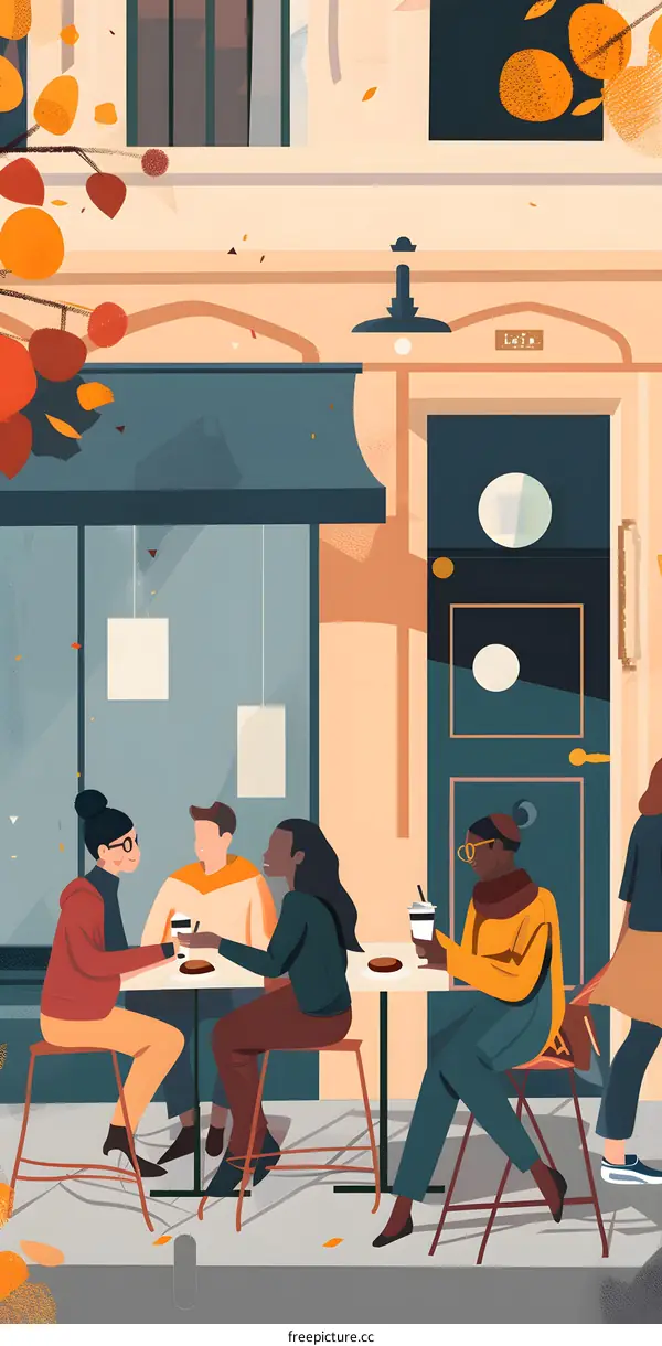 Friends Enjoying Coffee and Conversation Outside a Cafe