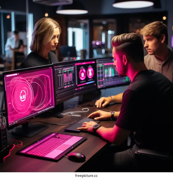 Three people in a dark room looking at computer screens