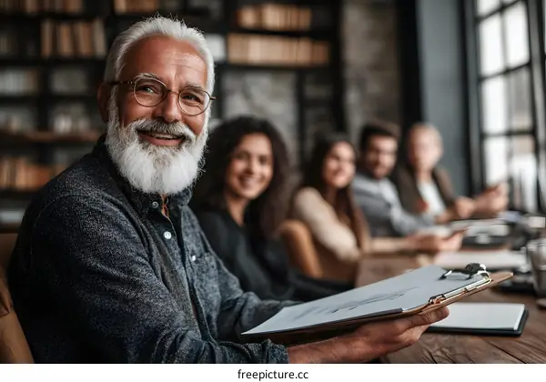 Happy Senior Businessman Holding Clipboard and Smiling During Meeting