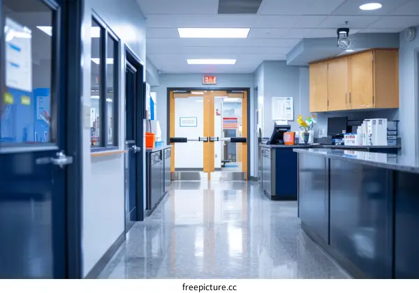 Hospital Corridor with Sterile Blue Walls