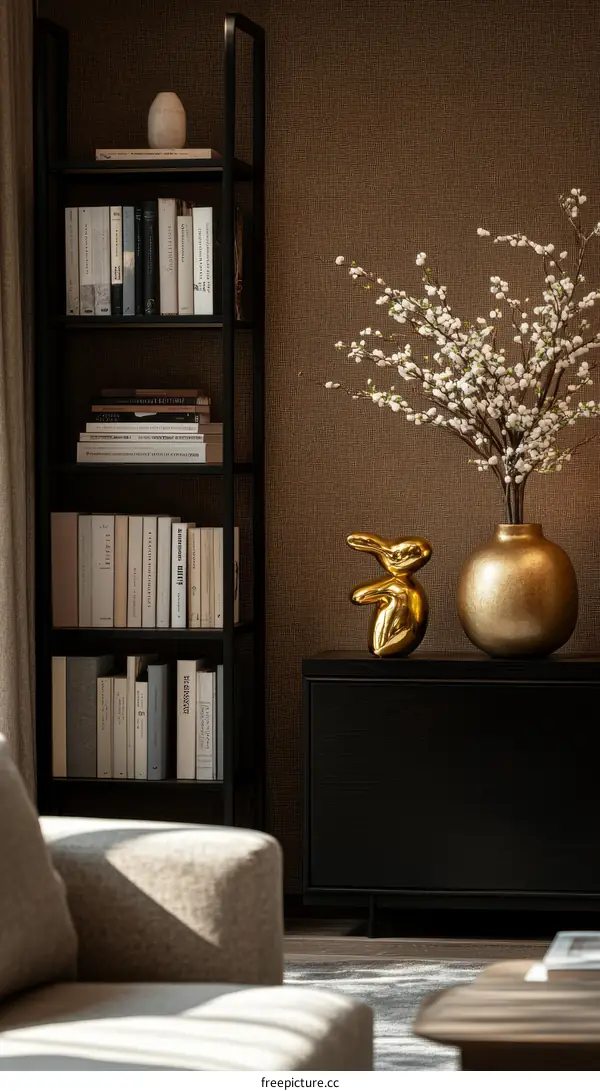 Modern Living Room with Bookshelf and Decor