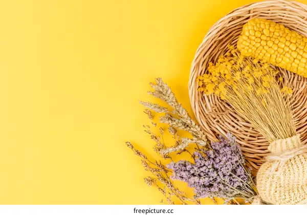 Dried Flowers and Corn on a Yellow Background