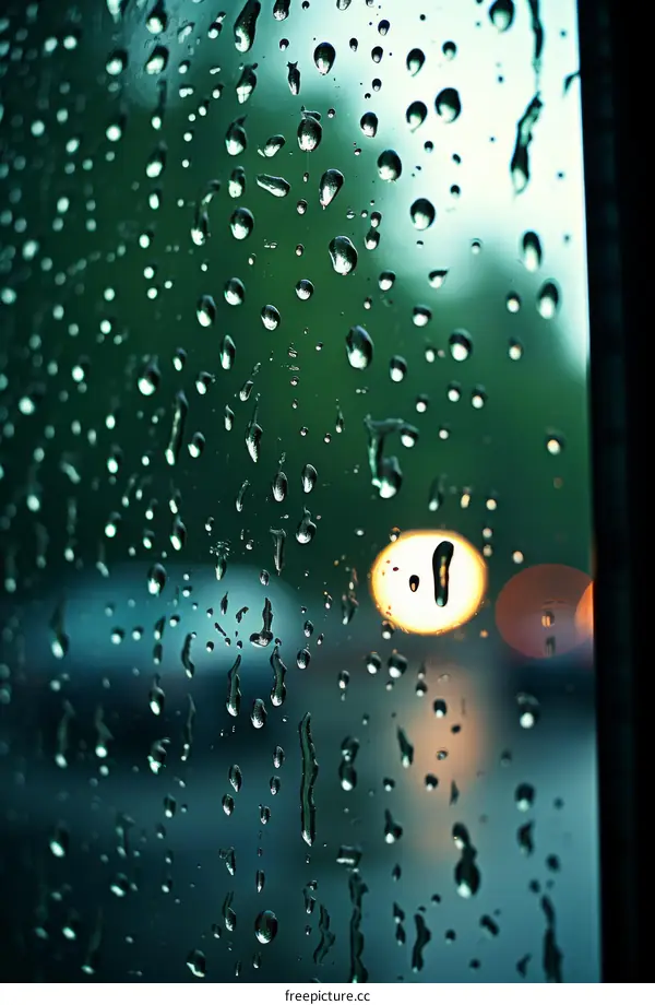 Raindrops on window with blurred street lights in the background