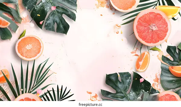 Pink Background With Tropical Leaves And Fruit