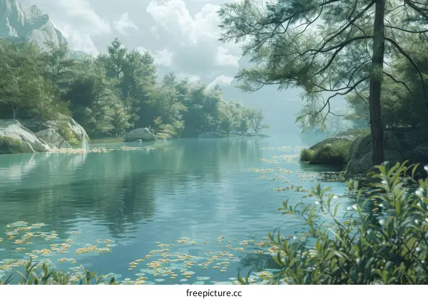 Tranquil Lake in Misty Mountains