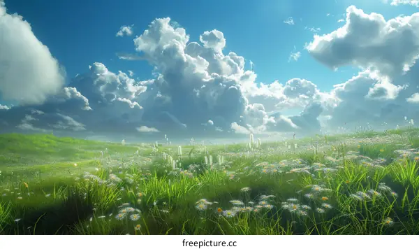 White Blossoms Adorn a Vibrant Green Meadow Under Blue Skies