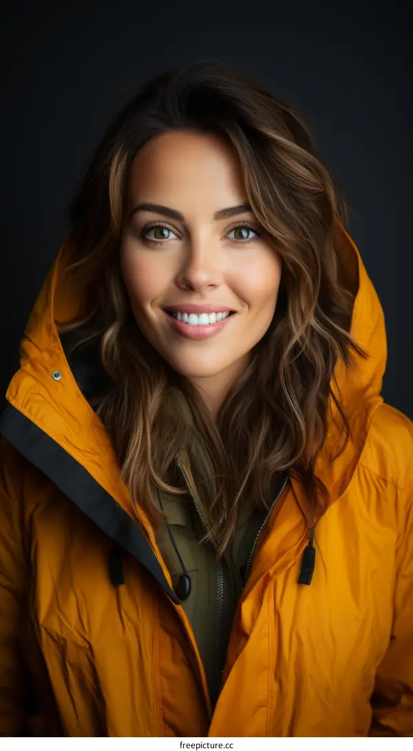 portrait of a smiling woman in a yellow jacket