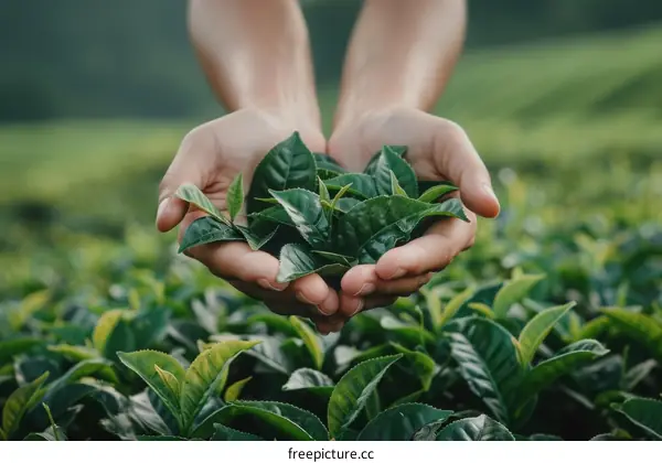A person holding a handful of tea leaves in a tea plantation