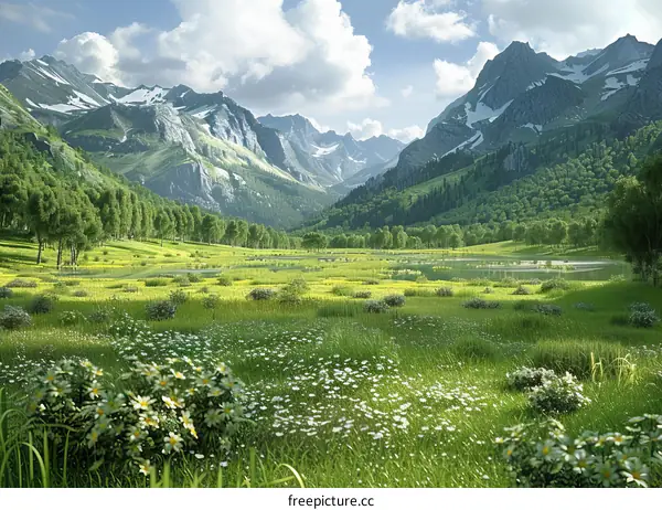 Verdant Valley with Distant Snow-Capped Mountains