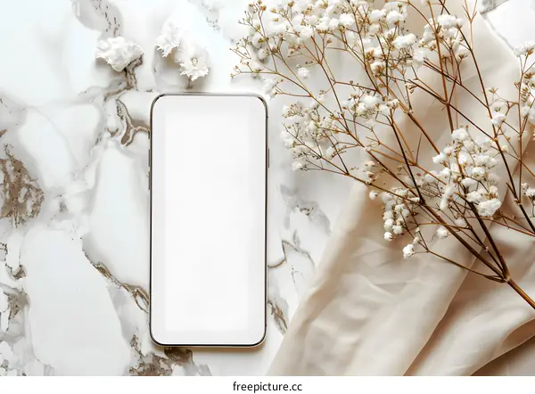 White Flowers and Phone Mockup on Marble Background