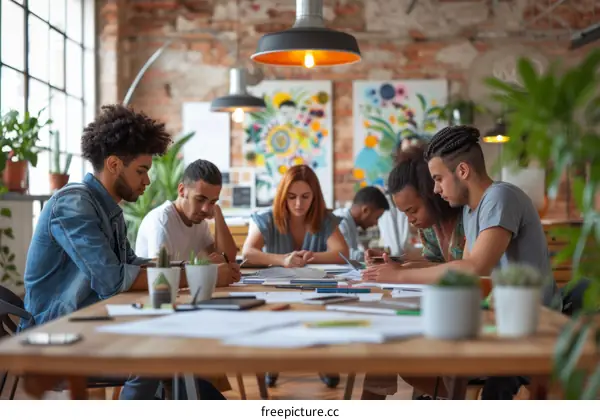 A group of young professionals working together in a creative office space