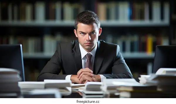 Young caucasian businessman sitting at his desk in a library looking at the camera with a serious facial expression