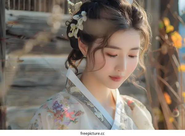 Portrait of a beautiful Asian woman in traditional Korean dress, or Hanbok