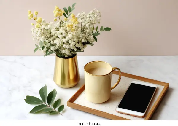 Golden Vase with Flowers and Coffee Cup on Marble Surface