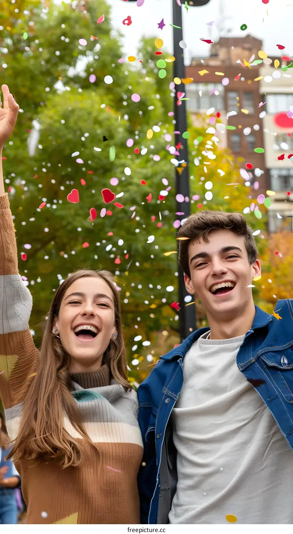 Happy Couple Celebrating With Confetti In The City