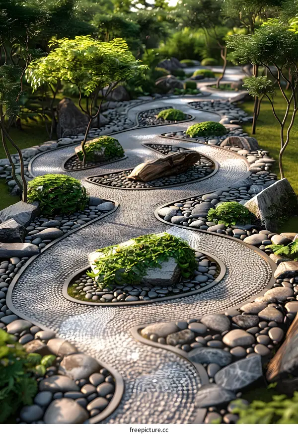 The Rock Garden Is铺满鹅卵石的小路蜿蜒曲折，周围绿树成荫，鲜花盛开。