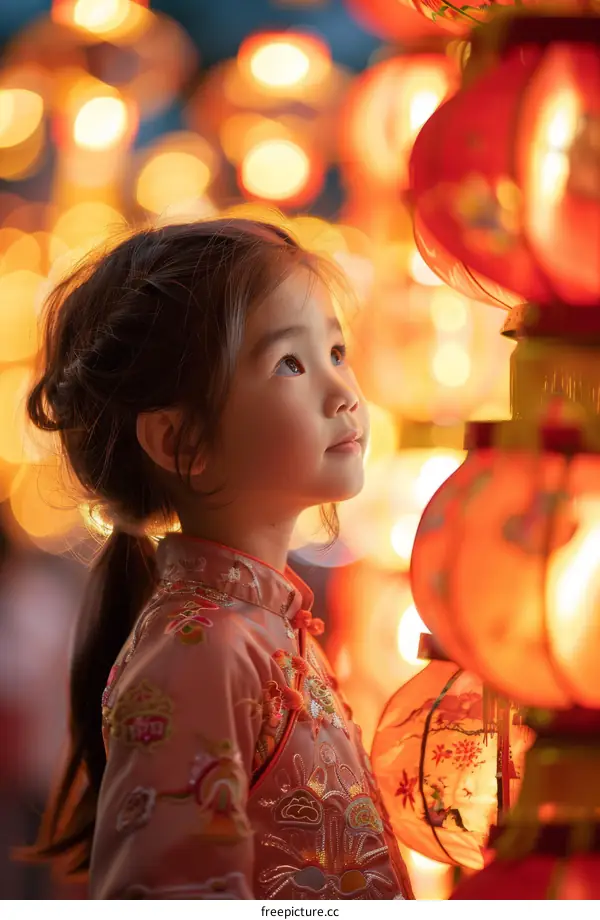 Little girl looking at Chinese lanterns during a festival