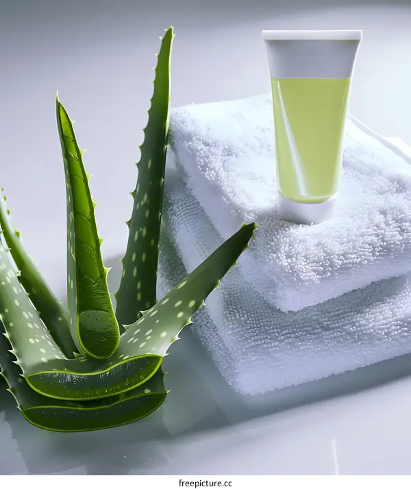 Aloe Vera Plant, White Towels, and Green Gel Tube