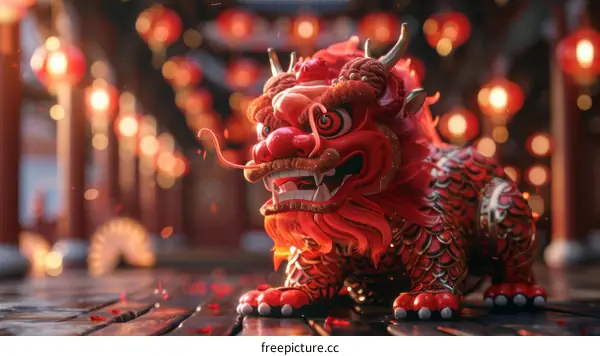 Red Chinese Dragon Statue With Festive Lights In The Background