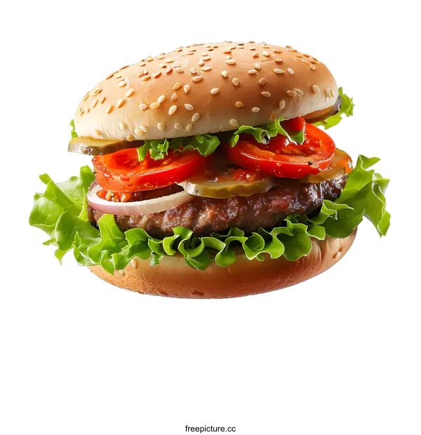 [Transparent Background PNG]Fresh Juicy Beef Burger with Sesame Seed Bun