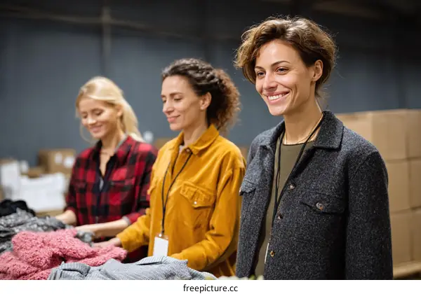 Three Caucasian Women Volunteering at a Clothing Donation Center
