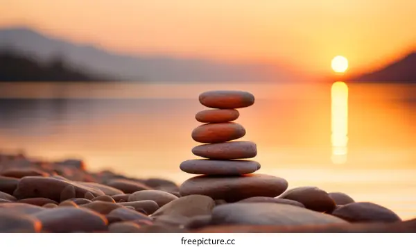 Stack of stones on the beach at sunset