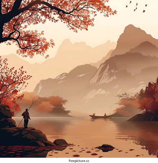 Tranquil Autumn Landscape With Mountain Lake And Three People