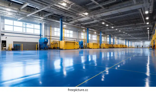 Modern factory interior with blue epoxy floor