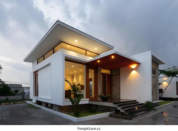 Modern House Exterior With White Walls And Wooden Doors
