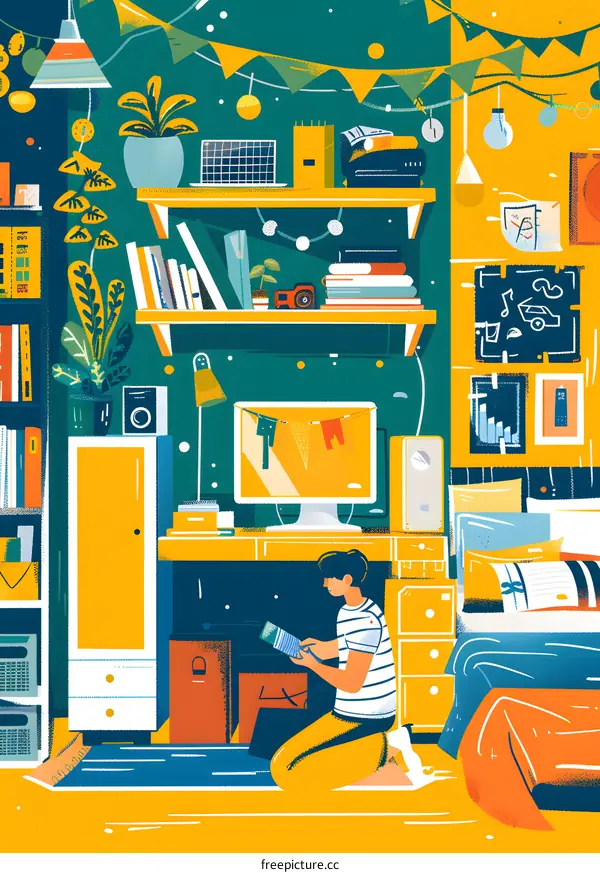 Colorful Illustration of a Young Man Sitting on the Floor in a Room