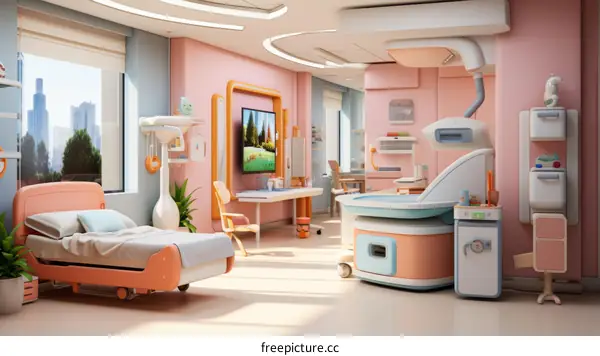 Pediatric hospital room interior with bed, crib, medical equipment and large windows
