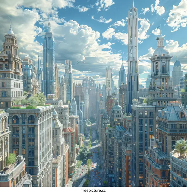 Futuristic City Skyline Aerial View Illustration