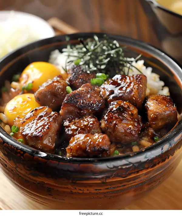 Steaming bowl of beef and rice with egg yolk