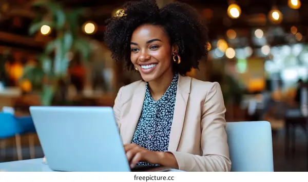 Smiling Black Businesswoman Working on Laptop in Cafe