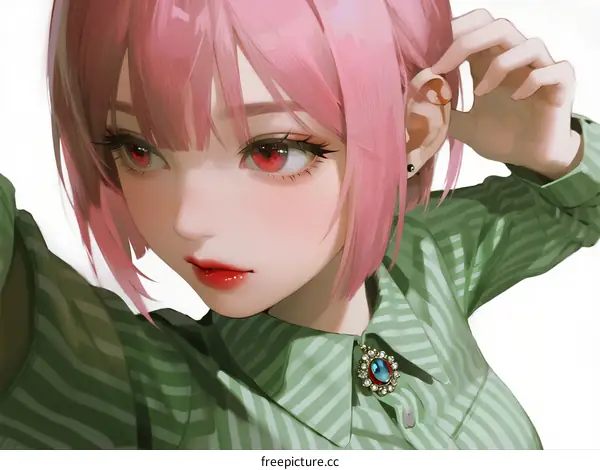 A Young Pink Haired Girl in Green Striped Shirt Taking Selfie