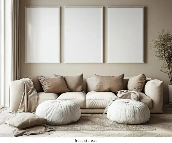 Modern Beige Living Room Mockup with Blank Frames