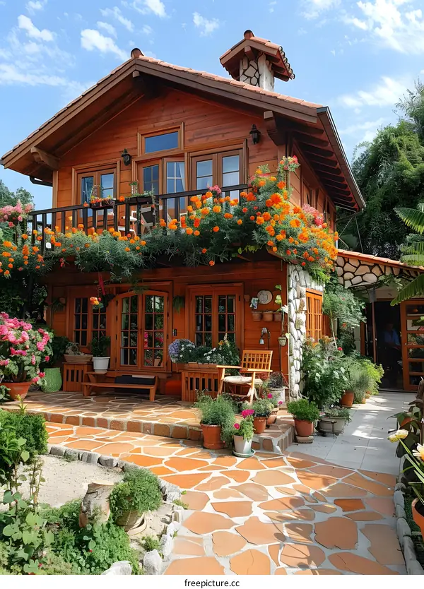 Beautiful Wooden House with Flowers